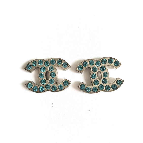 CHANEL Small Crystal Silver CC Turquoise Blue Green Rhinestone Studs Earrings - Picture 5 of 7